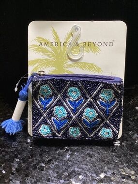 Embroidered Navy Beaded Coin Pouch with Tassel